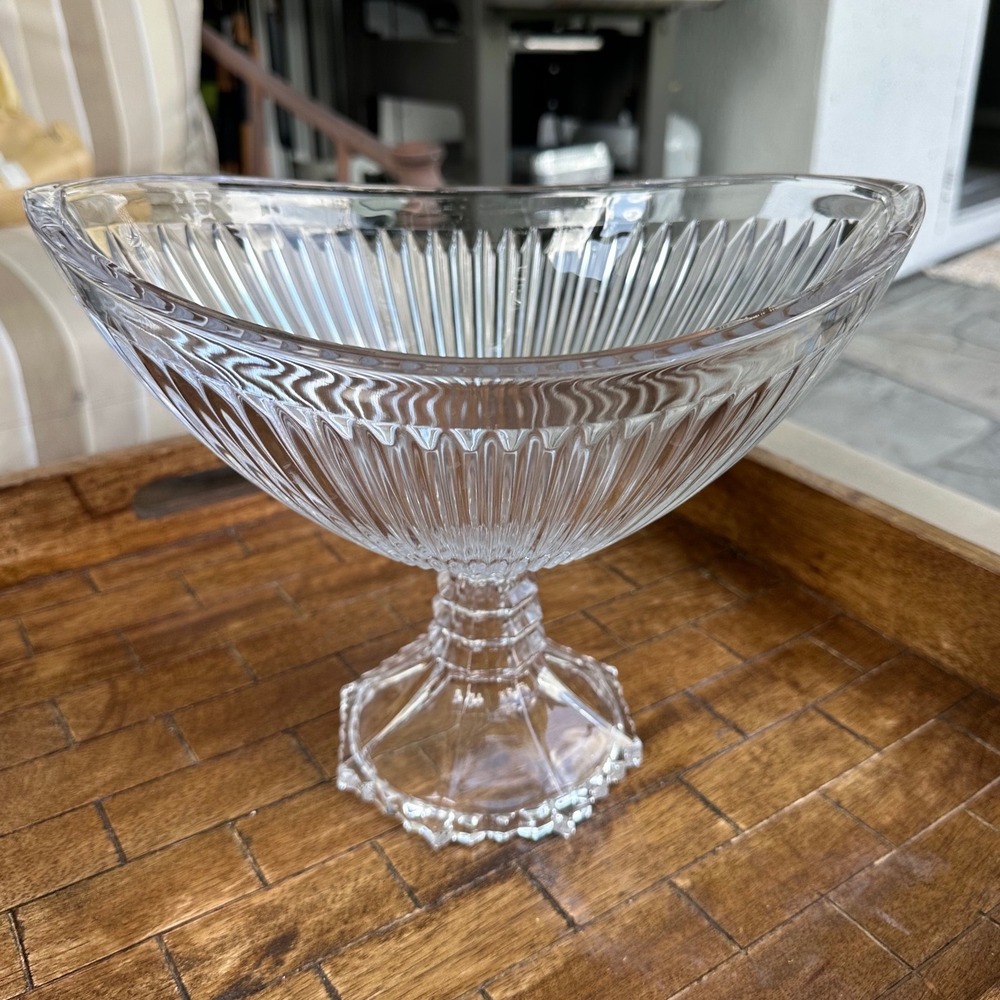 Vintage Clear Glass Ribbed Pedestal Bowl Oval Boat Centerpiece made in Japan EUC